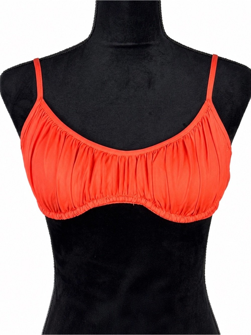 BECCA Bikini Top Coral Orange Ruched Adjustable Straps Gold Accents NWT Size M